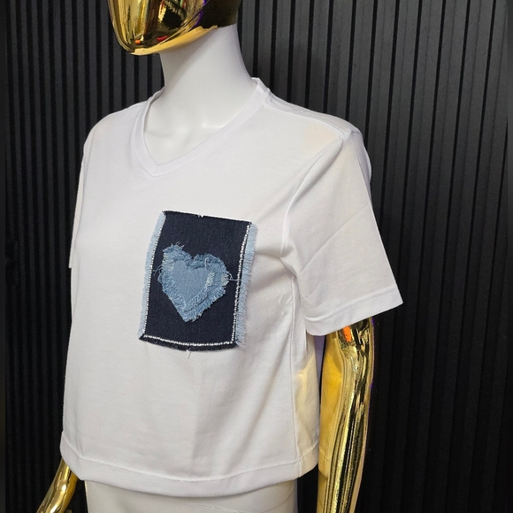 "George White T-Shirt with Custom Denim Pocket & Heart Design | Brand New" - Picture 1 of 4